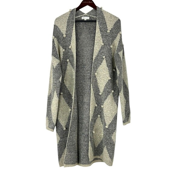 Neiman Marcus Women Sz L Long Open Cardigan Diamond Print Popcorn Stitch Cozy E4 - Picture 1 of 12